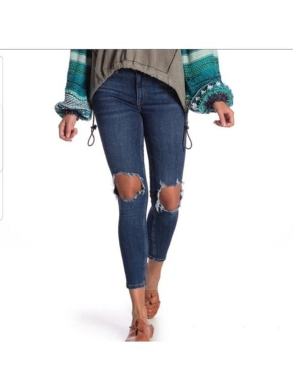 Free People Ripped High Waist Blue Ankle Skinny Jeans Size 26